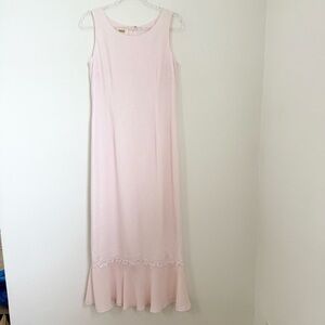 Talbots Vintage Linen Blend Maxi Sleeveless Pink Dress Size 8 Embroidered Party